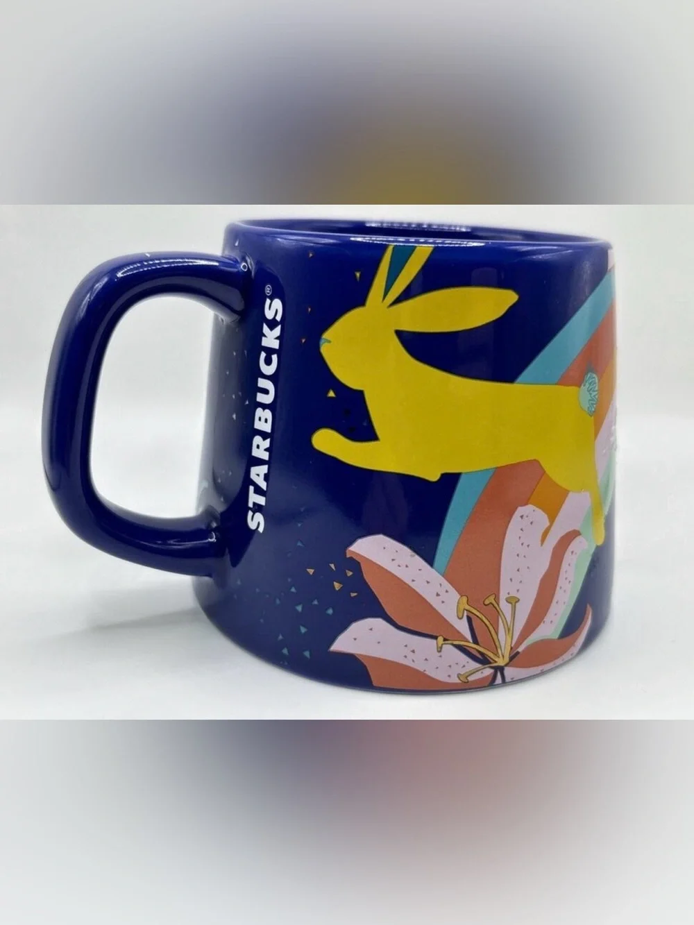 Starbucks Coffee Mug 2020 Spring Bunny Rabbit Easter Blue Wide Bottom 14oz Egg